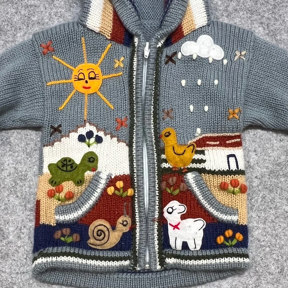 Vintage‎ Style Hand Knit Animal Scene Hooded Zip Cardigan Blue Kids 12-18 Months